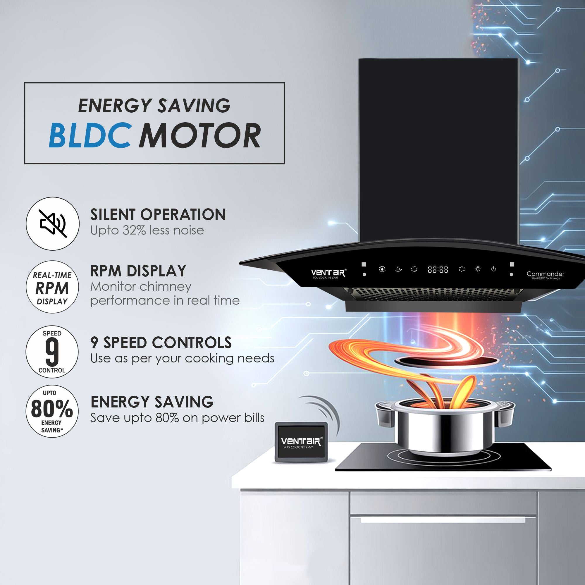 Ventair Commander BLDC 75 Super Silent Autoclean Chimney | 75cm, 1550 m³/hr, 9 Speed BLDC | Life Link Appliances 5 Ventair Commander BLDC 75 Super Silent Autoclean Chimney