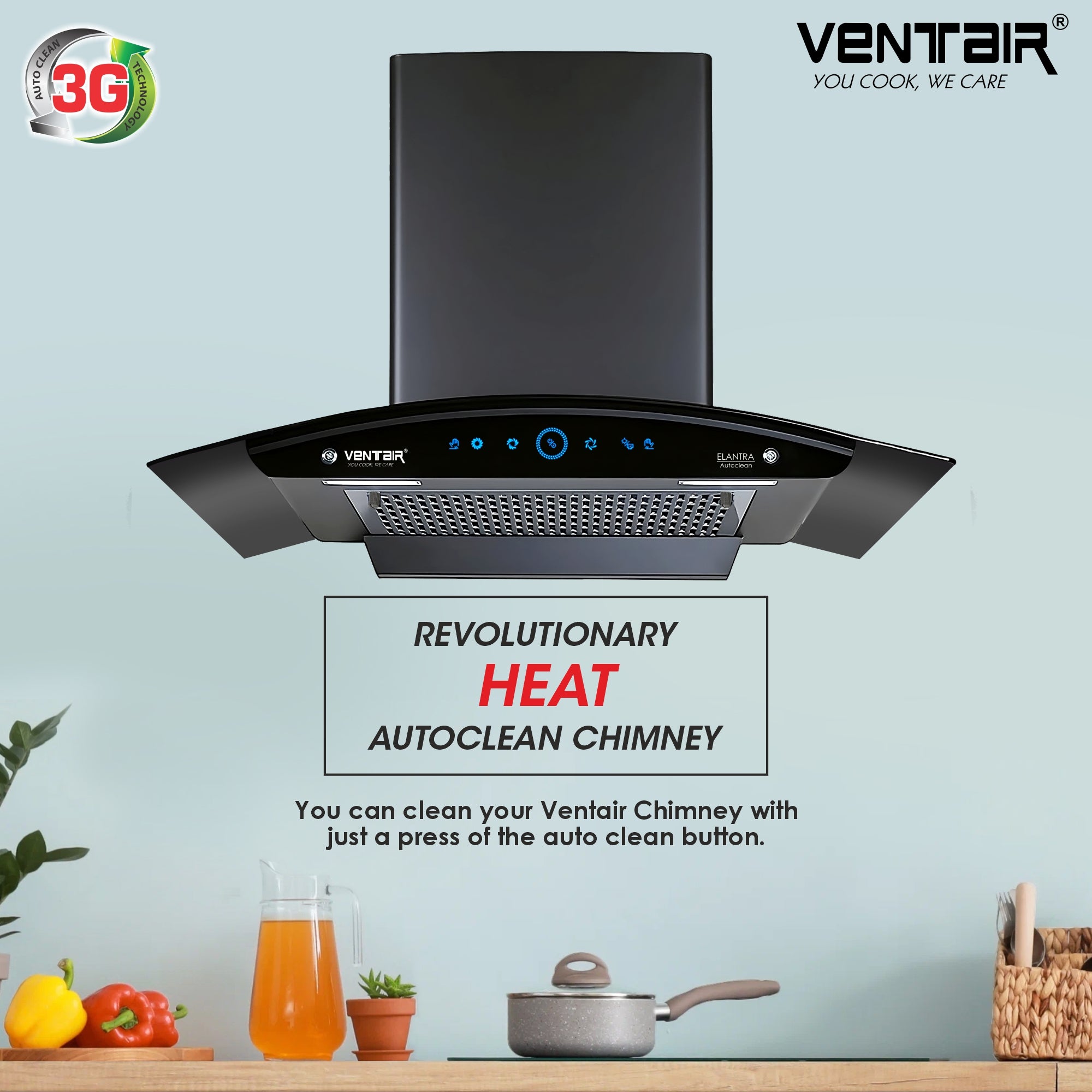 Ventair Elantra 75 Auto Clean Chimney Kolkata | Life Link 5 Ventair Elantra 75 chimney side view - filterless auto clean - Life Link Appliances Kolkata